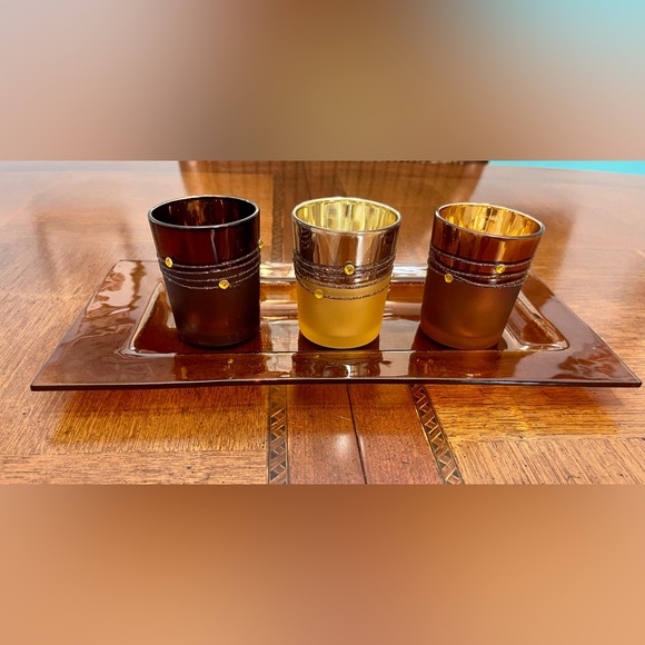 Elegant Decorative Votive Candle Holders - Set of 3 on Amber Crackle Glass Tray - Picture 5 of 14